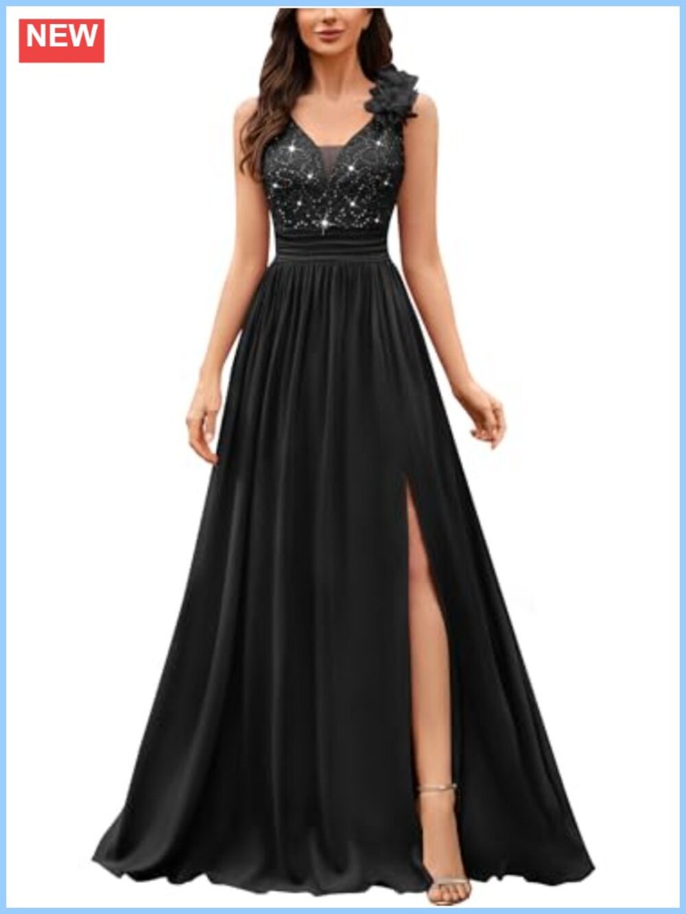 Sequined Lace V-Neck Evening Maxi Dress Sleeveless A-Line Formal